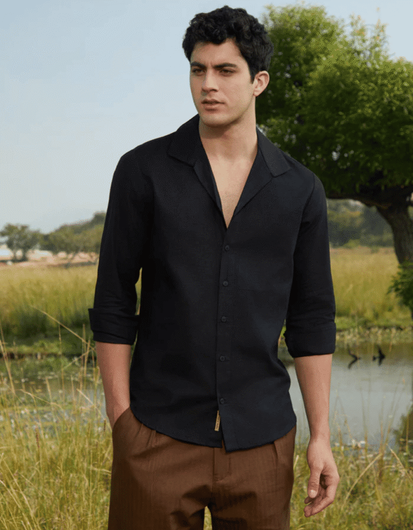 Classic Black Shirt with Brown Trousers