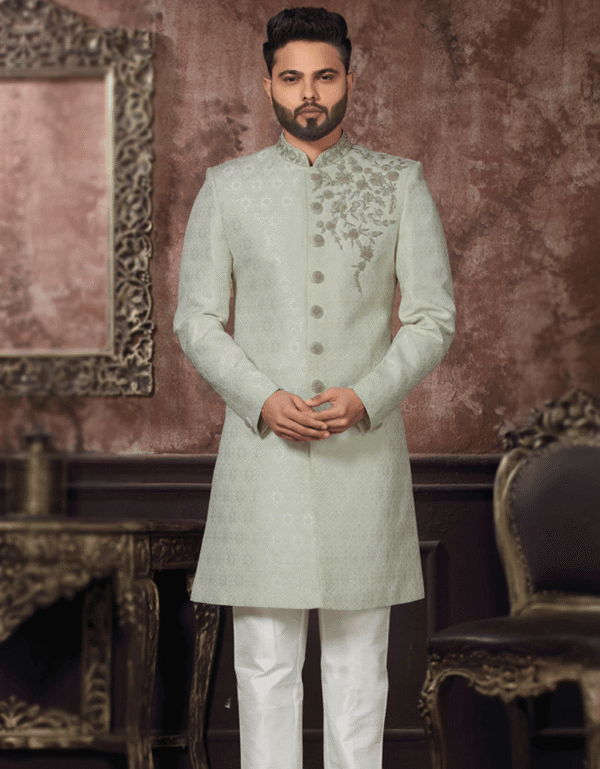 Pistachio Green Jacquard Embroidered Sherwani Set