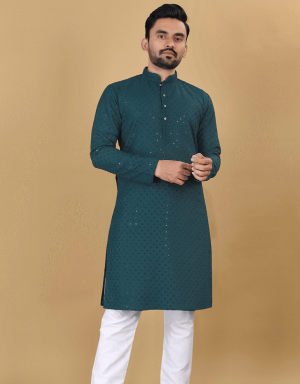 Teal Blue Embroidered Cotton Kurta Pajama Set